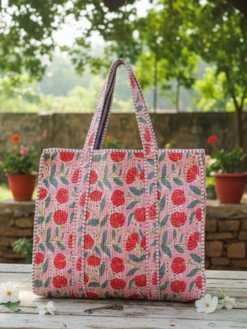 Reusable Quilted Cotton Tote Bag – Hand Screen-Printed Floral Design Pink
